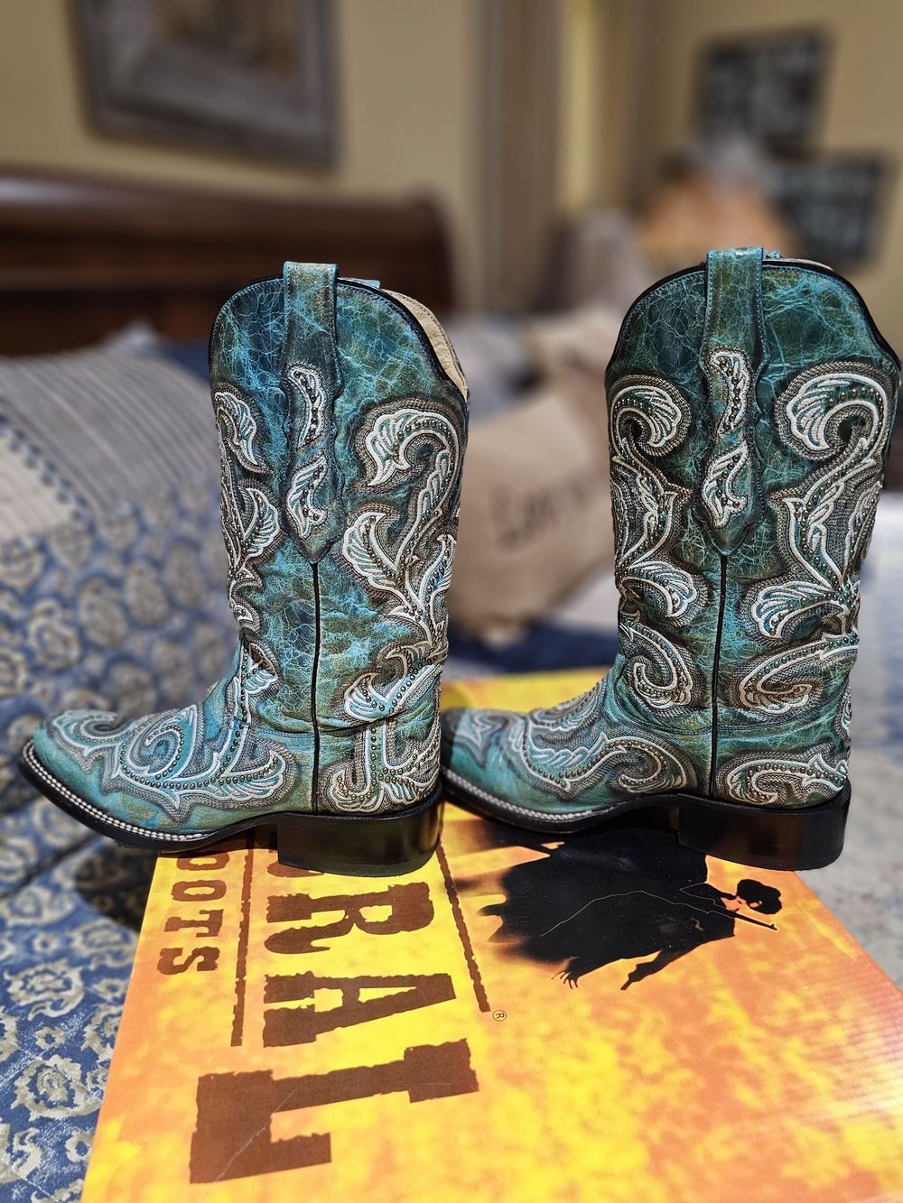 Turquoise Embroidered & Mini Studs Western Heeled Boots - Picture 5 of 12